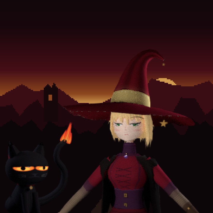 Willow, in her wide crimson hat, and Wisp, the black cat with a flame-tipped tail, at dusk beneath a ruined tower.