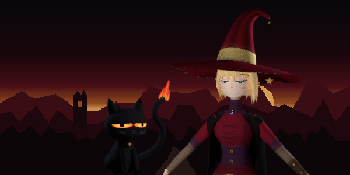 Willow, in her wide crimson hat, and Wisp, the black cat with a flame-tipped tail, at dusk beneath a ruined tower.